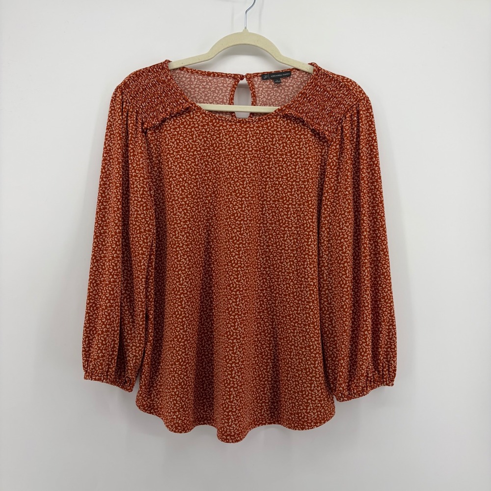 Adrianna Papell Womens Large Rust Orange Blouse Smocked Leaf Print Long Sleeve